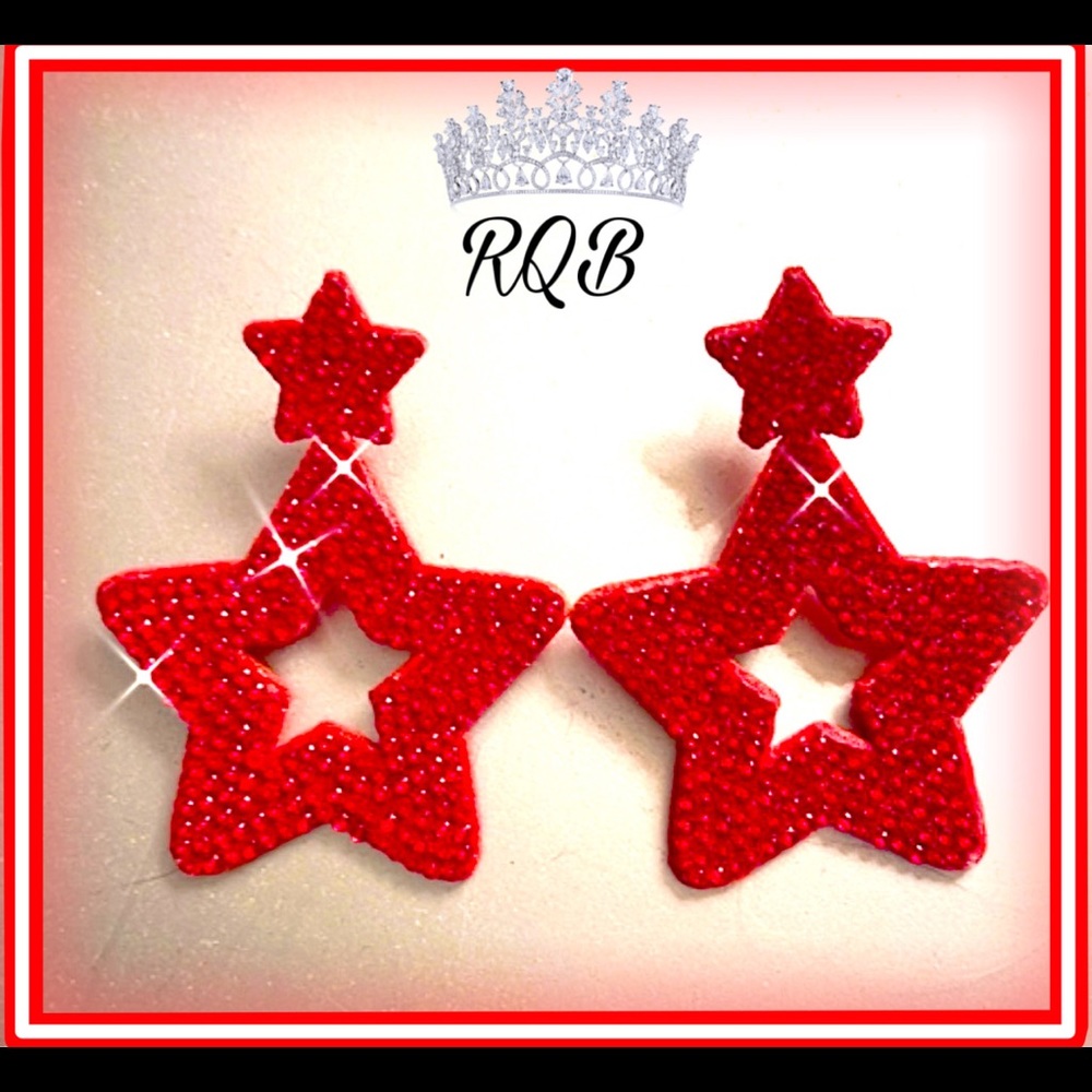 Red Crystal Star Earrings Patriotic Pierced